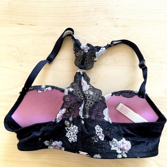 Pink Victoria Secret Date Push Up Bra Lace Racerback Underwired Floral Black 32C - Picture 8 of 8